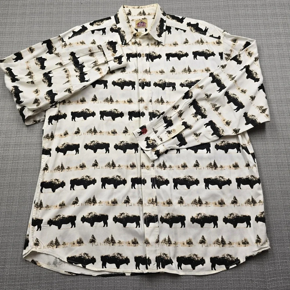 Barn Fly Shirt Mens Large White Bison Print Long Sleeve Button Up Western USA - Picture 2 of 10